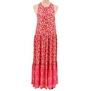 Floral Elephant Maxi Dress Boho Vacation Tiered Button Pink Sleeveless Size M